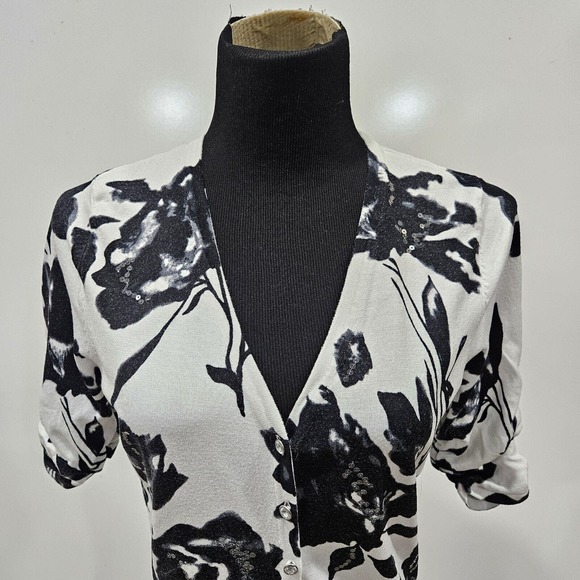 INC International Concepts White Black Floral Jewel Button Up Cardigan Medium - Picture 6 of 11